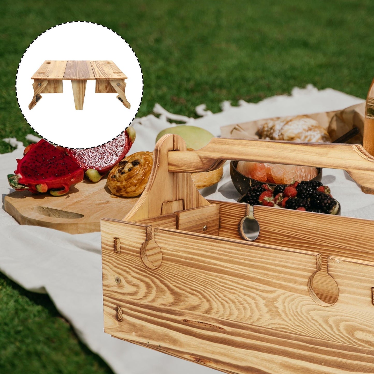 QIFULL Rectangular Folding Picnic Basket Table Wood Adults Ergonomic Design 1Pcs