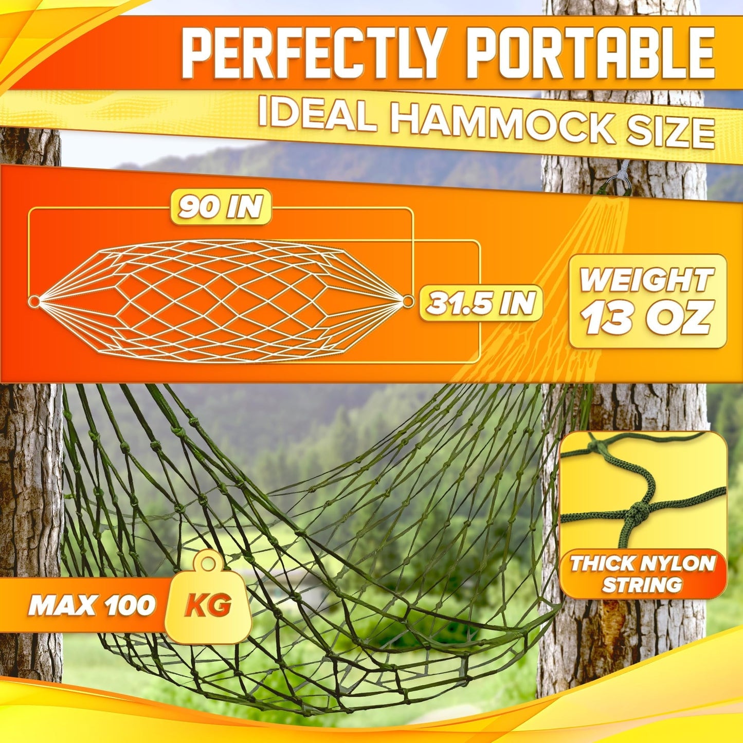 Easy to Set Up Rope Hammocks for Outside, Dark Green Color, 90x31.5 Nylon Net Hammock, Max 100 KG (220 Pounds), Tree Hammocks for Outside, Camping & Patio Relaxation