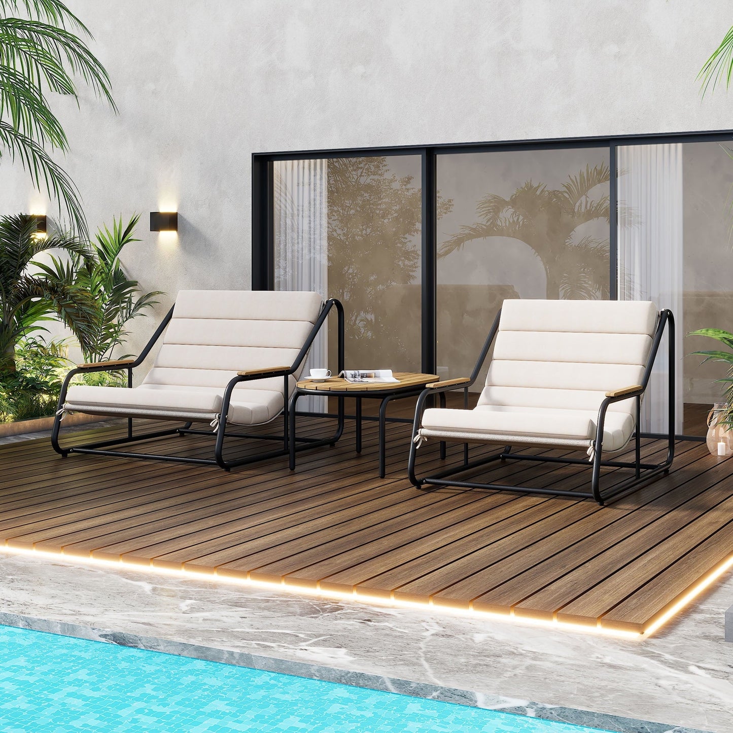 Euroco Outdoor Chaise Lounge Chairs Set with Acacia Wood Table,Pool Lounge Chairs for Lawn,Beige+White