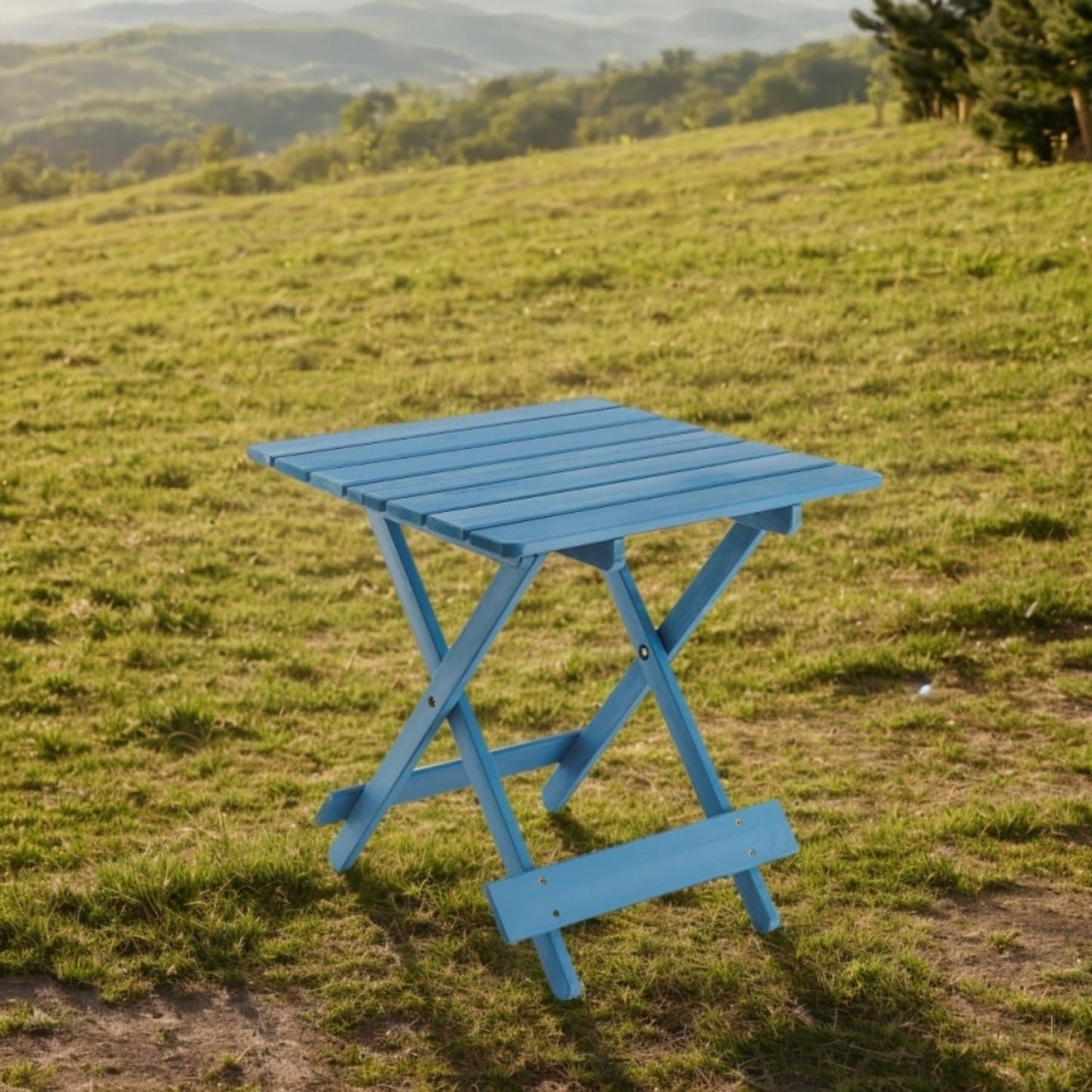 Folding Square Patio Table Outdoor Solid Wood Table For Backyard Balcony Portable Design Space Saving Blue Color Durable Weather Resistant Easy Setup Versatile Use