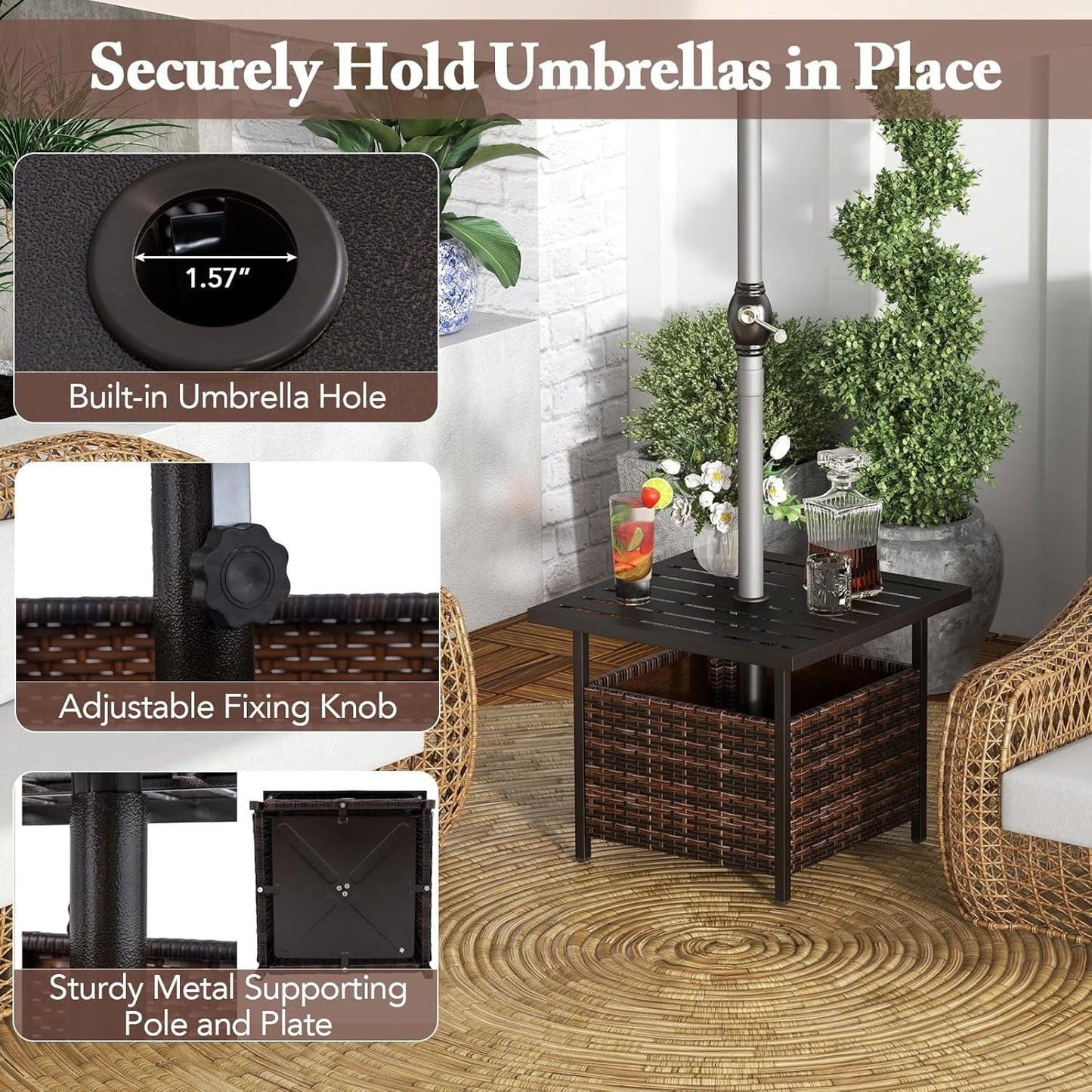 SUPQ Outdoor Side Table with Umbrella Hole, 22" Wicker Umbrella Stand Holder and Base, Weather-Resistant PE Rattan Patio End Table for Deck Garden Poolside (Metal Tabletop, Brown)