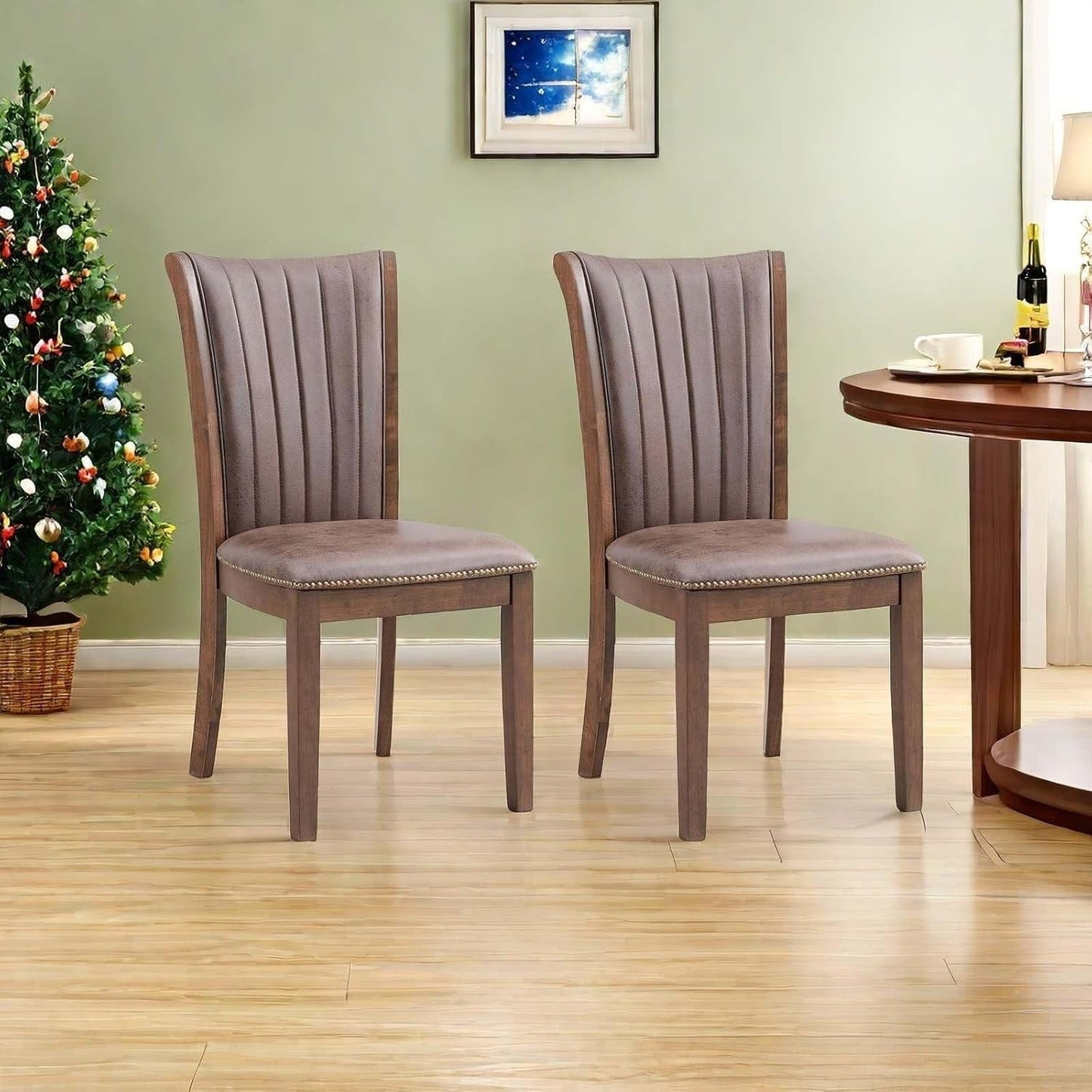 SHAORONG Set of 2 Upholstered Dining Chairs, Vintage Brown Fabric with Padded Cushion, Solid Wood Frame, High Back Design for Kitchen, Dining Room, or Living Room, Oak