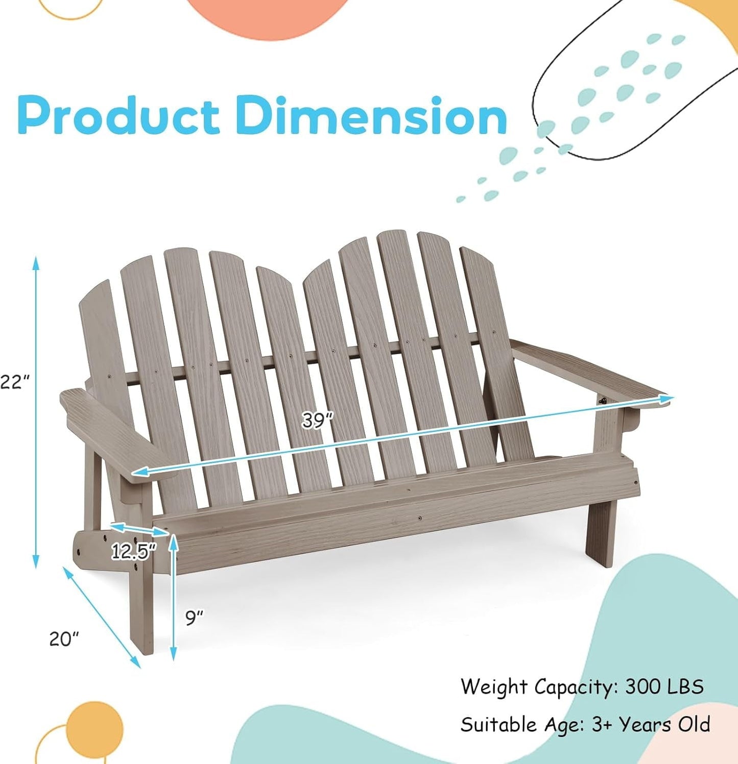 ZgoodZ Small 2-Seat Adirondack Chair - Fir Wood Double Loveseat with High Backrest,Arm Rest,300 LBS Weight Capacity, Outdoor All Weather Porch Chair for Balcony,Backyard,Poolside,Yard(Khaki Grey)