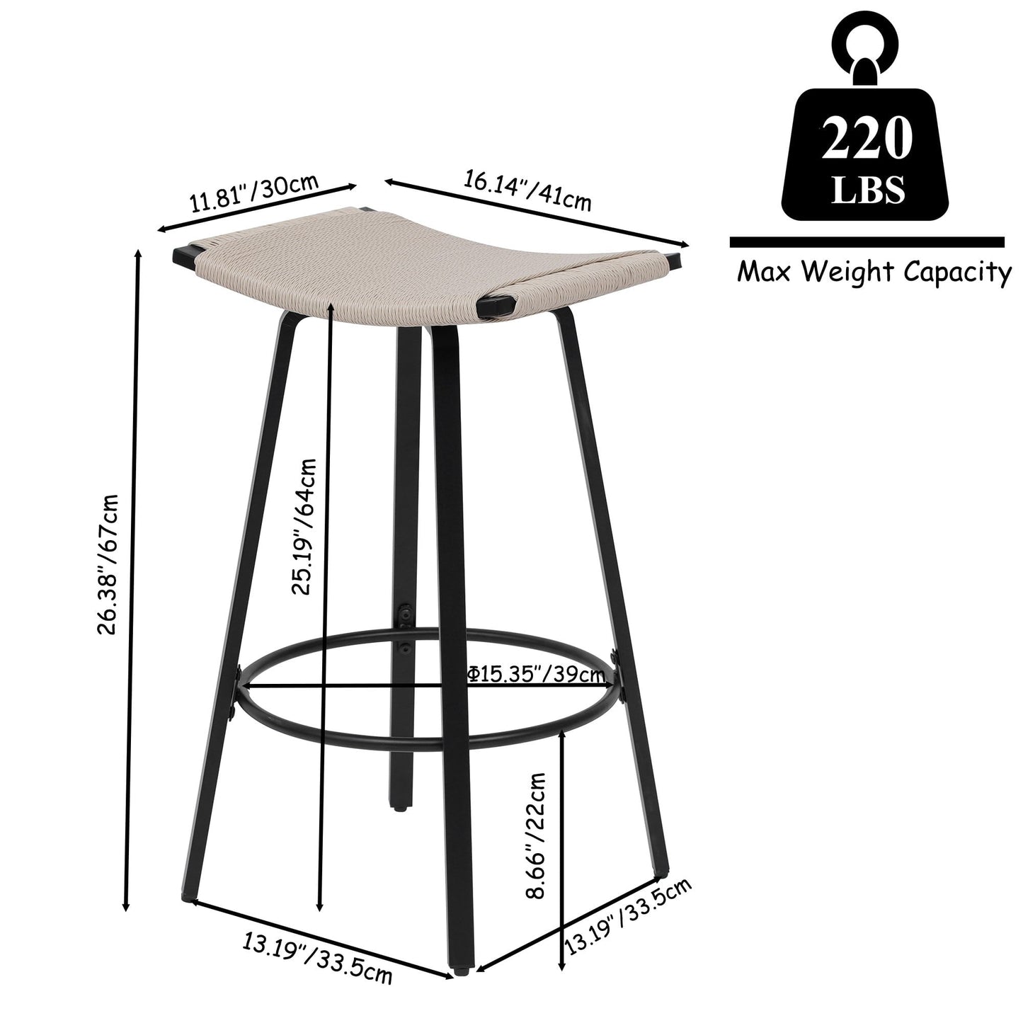 Set of 2 Counter Height Bar Stools Backless Handwoven Kitchen Dining Chairs with Round Footrest PVC Weaving Pub Stool for Indoor & Outdoor (White)