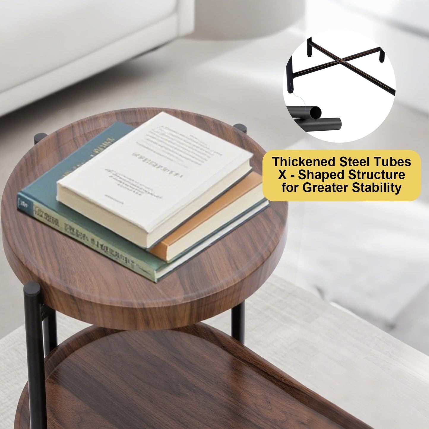 SHIBAILI Small Space 2-Tier Round Sofa Table - Brown Wood Top,Metal Frame