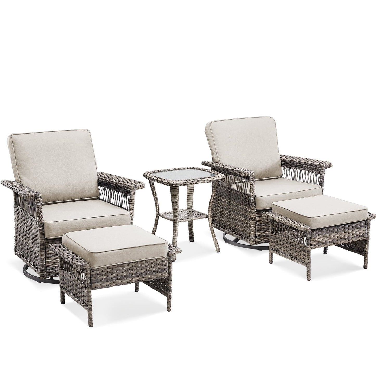 Feishominhoo Outdoor Swivel Rocker Patio Chairs,Gray Wicker Rocking Glider Chairs Set of 2 with Ottomans, Side Table and Beige Cushions Outdoor Patio Furniture for Balcony Porch Deck