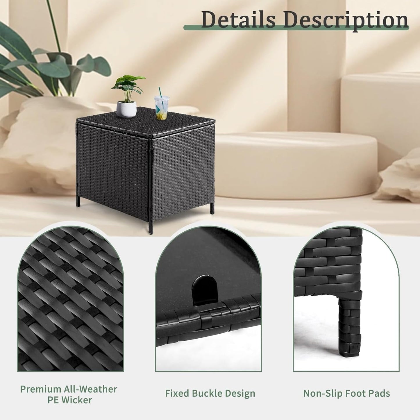 GaoJ Outdoor Side Table, Rattan Coffee Table with Storage 27 Gallon Patio Small Deck Storage Box for Cushion Towel Books, Brown Side Table with lid,Black