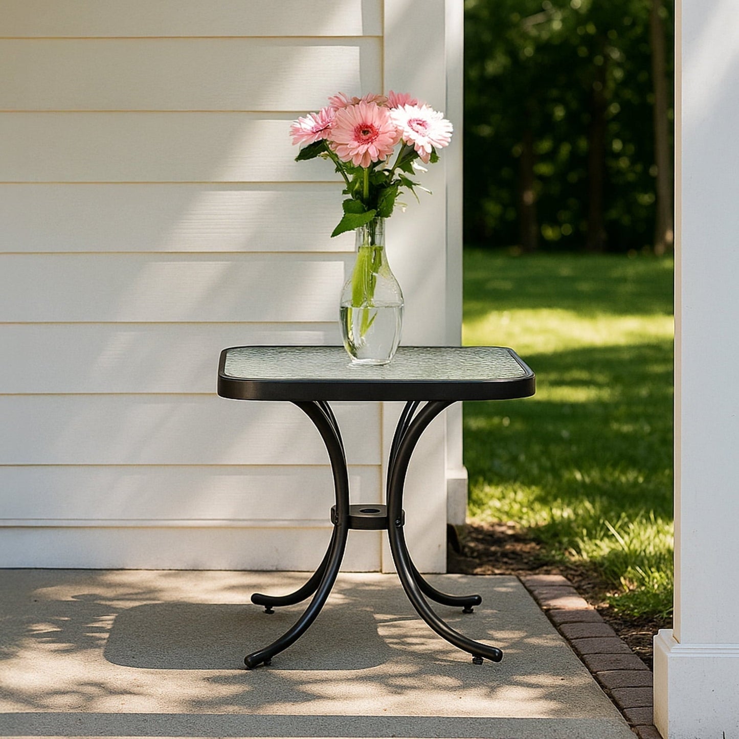 Zimtown 18" Square Tempered Glass Outdoor Patio Side Table, Metal Frame End Table, Black