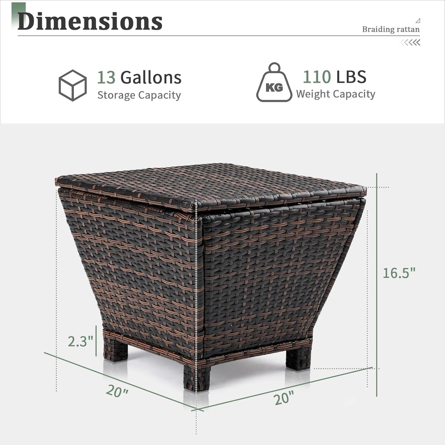 ETHFRF Outdoor Side Table with Storage, 27-Gallon Patio Deck Box Outdoor Wicker Side Table for Poolside Balcony Storage Table (Brown, Square),Brown