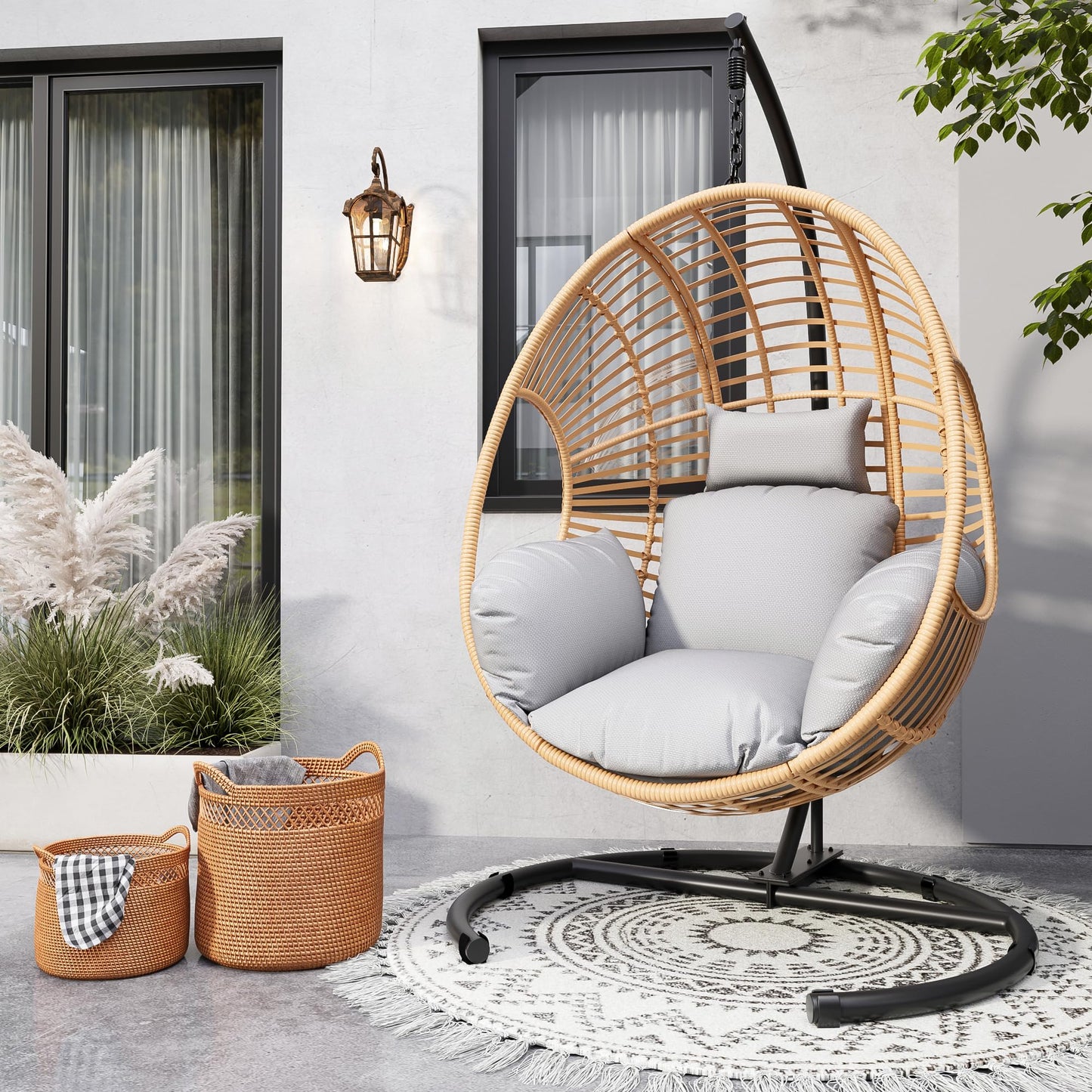 TQKVIPI Oversized Hanging Egg Chair Outdoor Indoor, Wicker Swing Egg Chair with Stand Rain Cover UV Resistant Cushion 400lbs Capacity for Bedroom, Patio, Garden and Balcony (Beige-Regular)