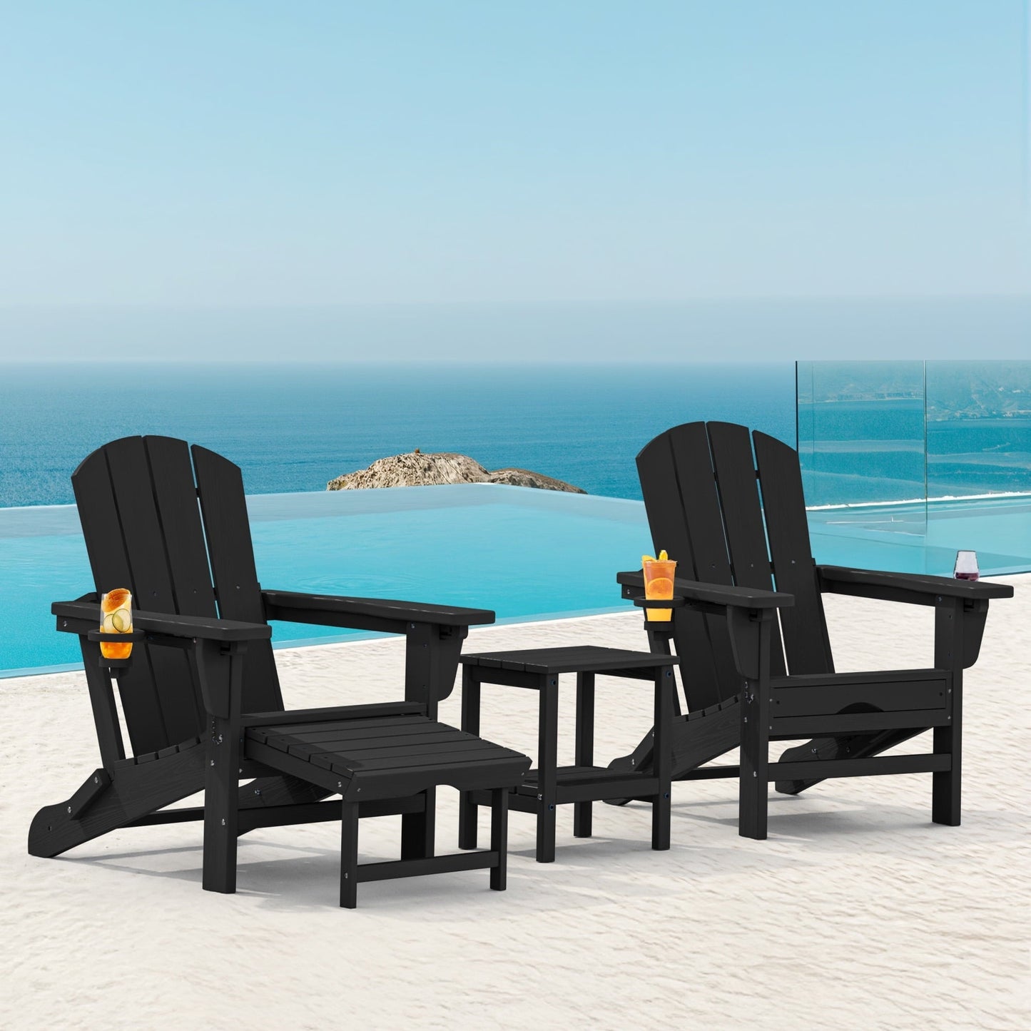 SERWALL Adjustable Folding Adirondack Chair with Footrest & Dual Cup Holders, HDPE Foldable Multifunctional Adirondack Chair with Ottoman for Patio, Outdoor, Garden, Black