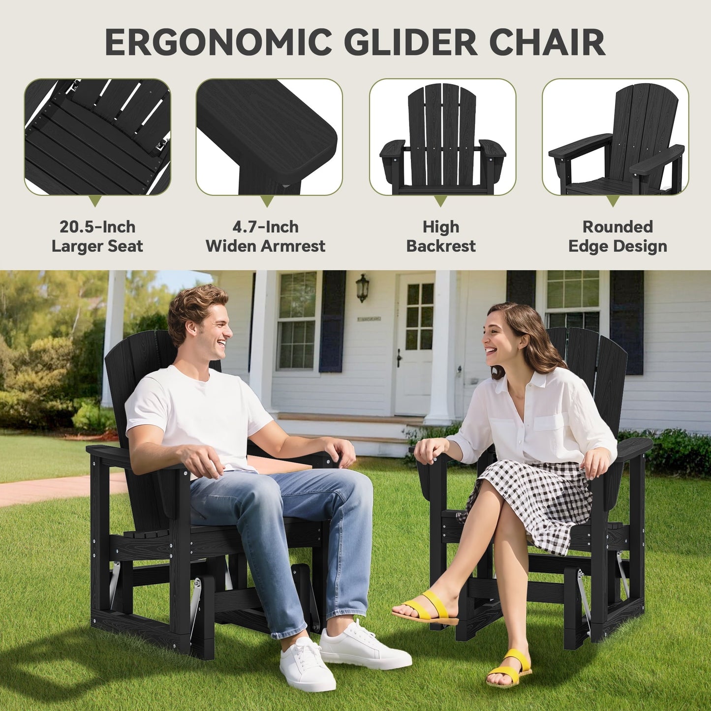 SERWALL Outdoor Glider Chair, HDPE Wood-Like Patio Glider Rocker All-Weather Porch Glider Black