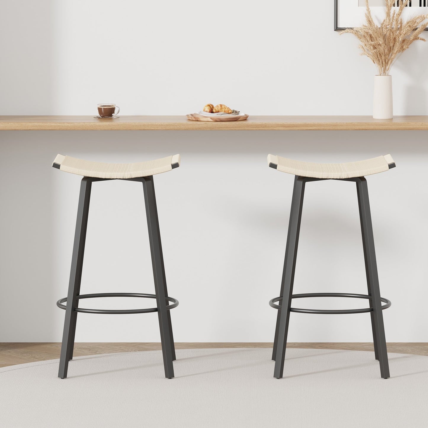 Set of 2 Counter Height Bar Stools Backless Handwoven Kitchen Dining Chairs with Round Footrest PVC Weaving Pub Stool for Indoor & Outdoor (White)