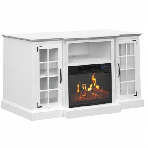 TV Stand with Electric Fireplace Fits TVs up to 65-Inches - Media Console with Storage Cabinet, Adjustable Heat, and LED Flames by Northwest (White)