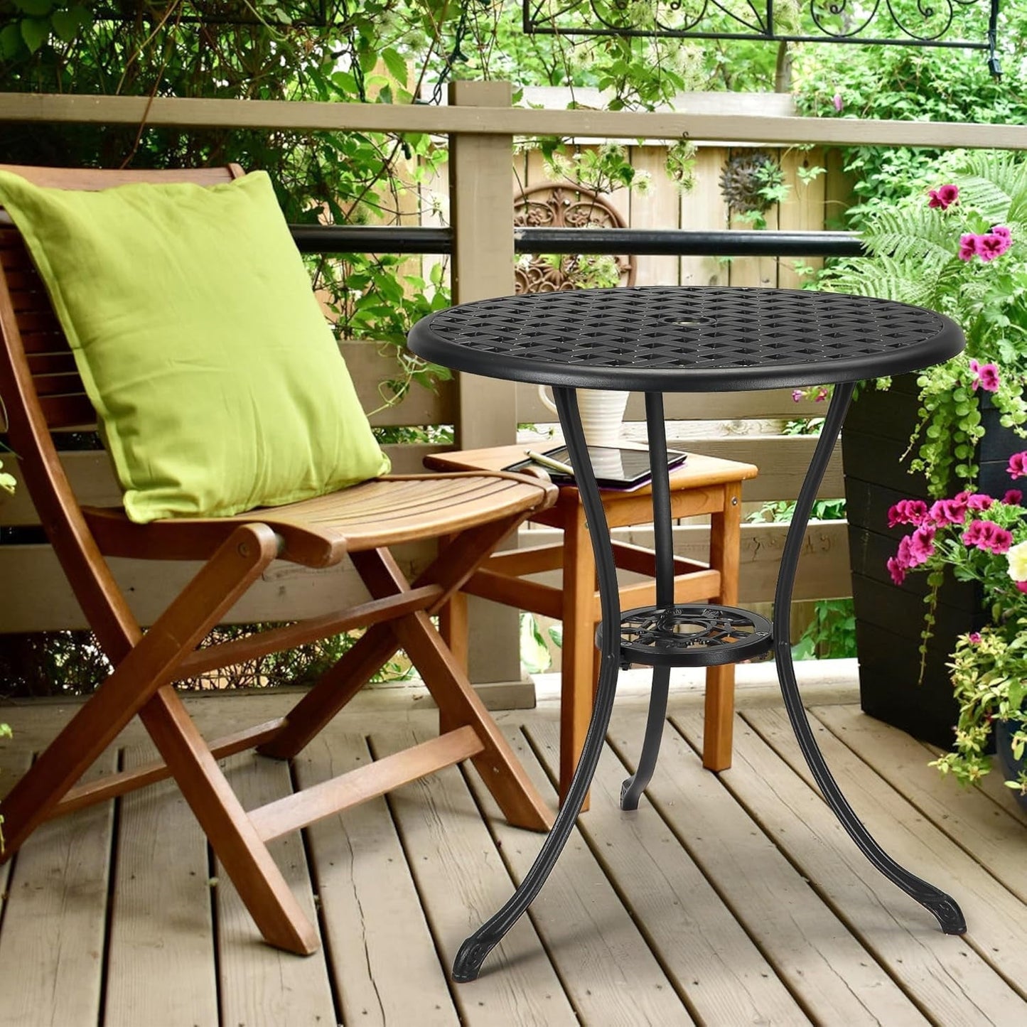 Garvee Round Patio Bistro Table 24 Inch, Cast Aluminum Outdoor Cafe Table with 2Inch Umbrella Hole, Metal Side Table for Porch,Backyard,Garden,Black