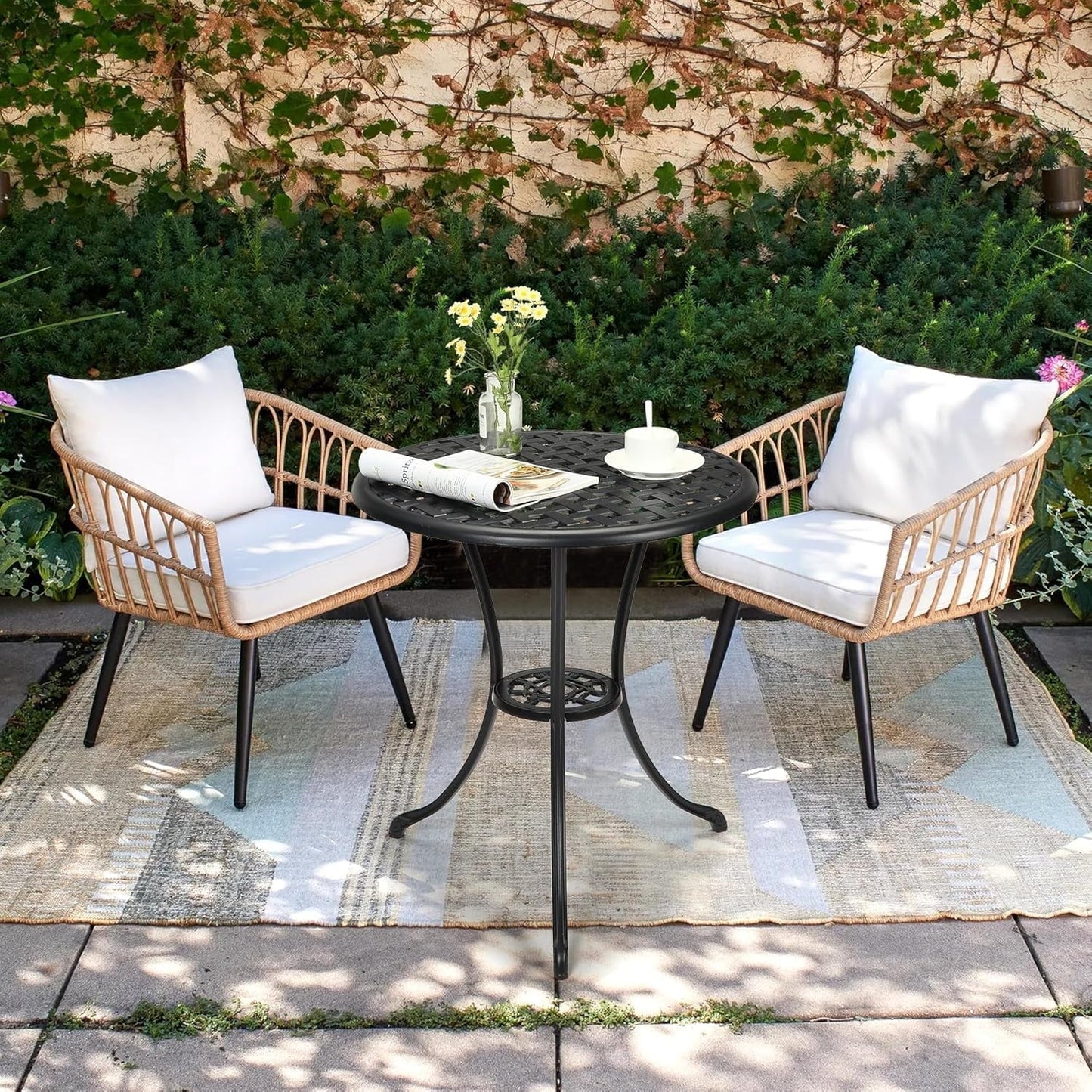 Garvee Round Patio Bistro Table 24 Inch, Cast Aluminum Outdoor Cafe Table with 2Inch Umbrella Hole, Metal Side Table for Porch,Backyard,Garden,Black
