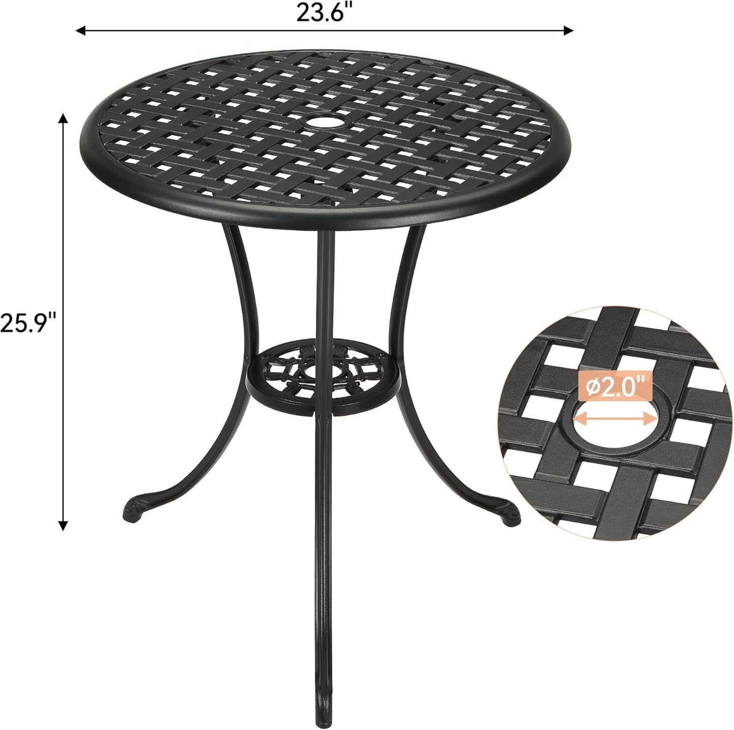Garvee Round Patio Bistro Table 24 Inch, Cast Aluminum Outdoor Cafe Table with 2Inch Umbrella Hole, Metal Side Table for Porch,Backyard,Garden,Black