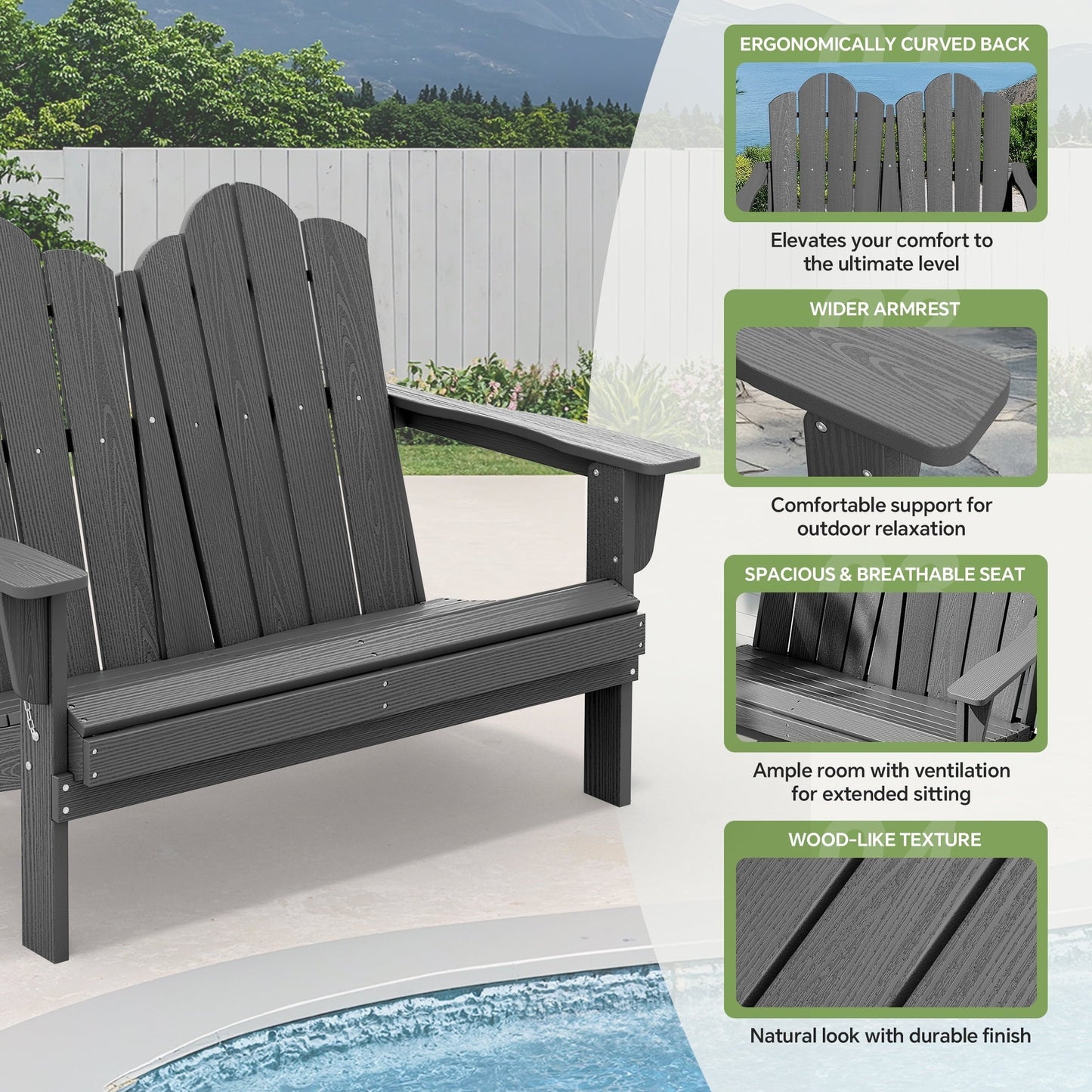 SERWALL Adirondack Bench, Outdoor Adirondack Chair for 2,HDPE All-Weather Adirondack Loveseat,Grey