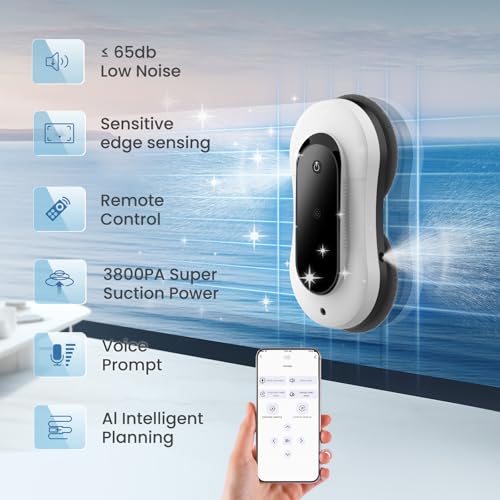 EEland Portable Window Cleaning Robot, Ultrasonic Dual Spray,3000Pa Suction Power, Window Cleanner with Intelligent Edge Detection, Infrared Remote Control