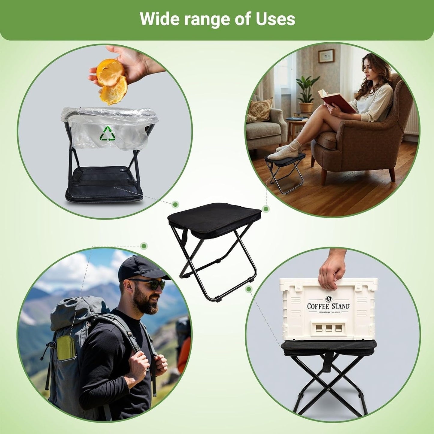 ShengVisions Ultralight 13" Collapsible Camping Stool - 1.3lb Portable Folding Chair w/Carry Bag, Supports 300lbs - Perfect for Hiking, Fishing, Outdoor Adventures (Black)