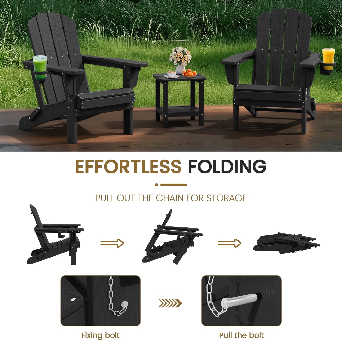 SERWALL 3PC Adjustable Folding Adirondack Chair set and Double Side Table, For Outdoor, Patio, Poolside, Garden, Black
