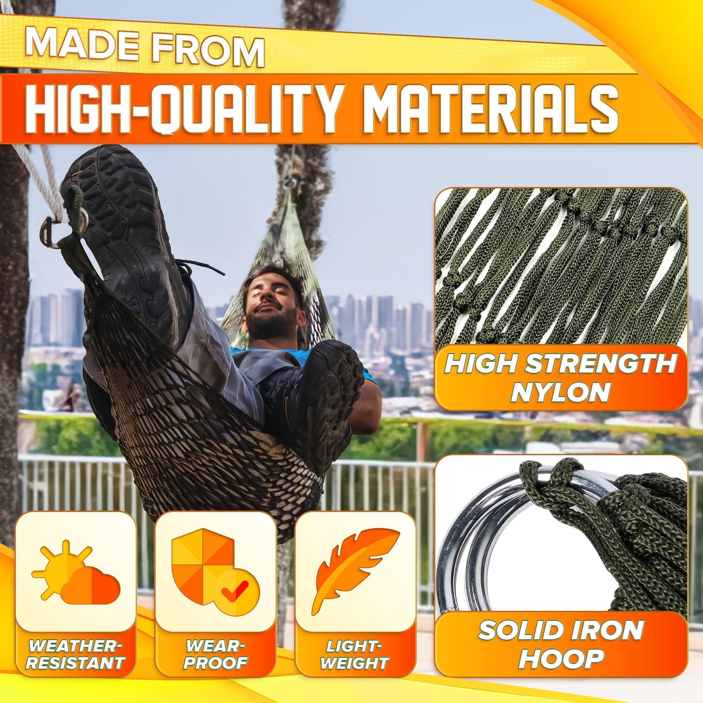 Easy to Set Up Rope Hammocks for Outside, Dark Green Color, 90x31.5 Nylon Net Hammock, Max 100 KG (220 Pounds), Tree Hammocks for Outside, Camping & Patio Relaxation