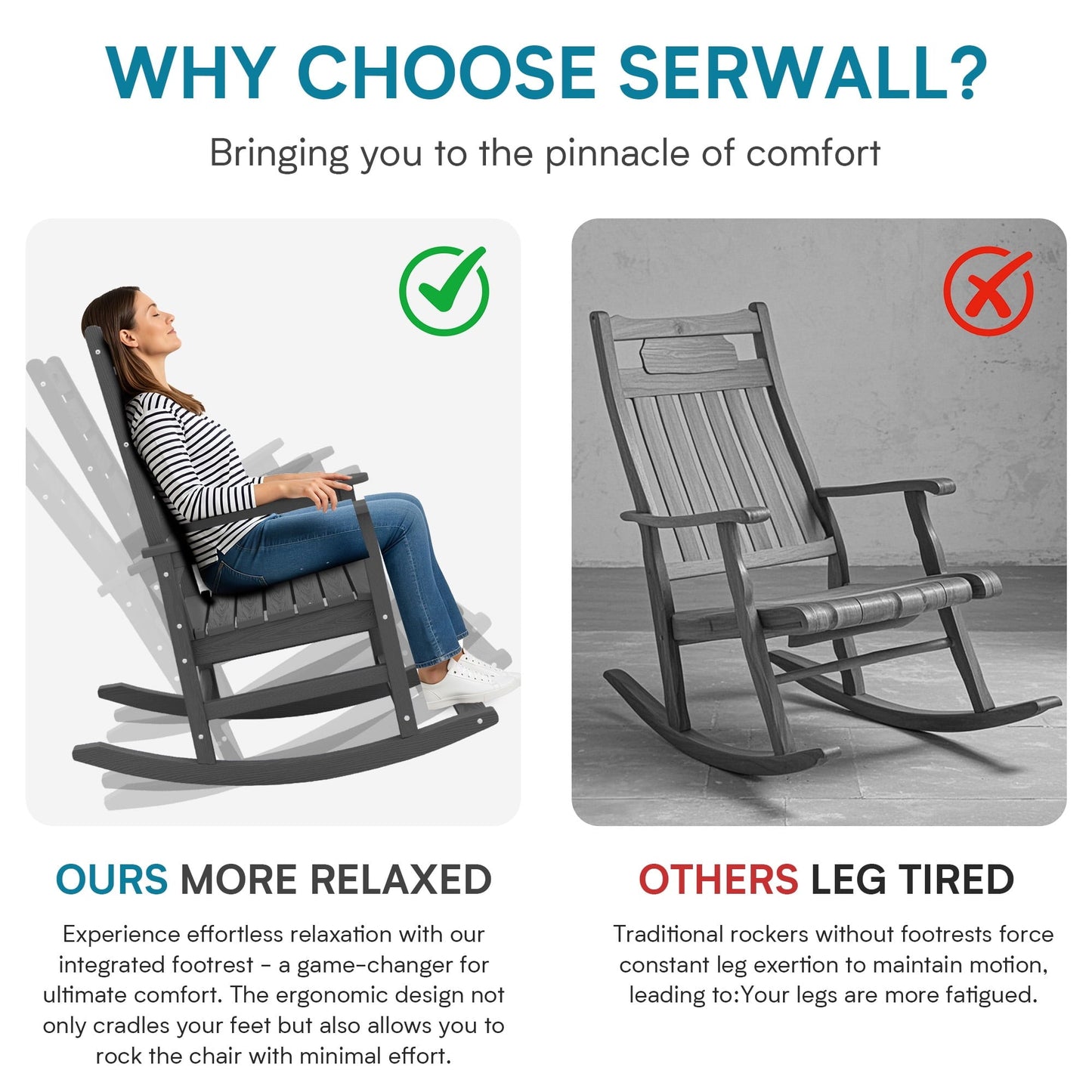 SERWALL Oversized Outdoor Rocking Chair with Footrest for Adults, HDPE All Weather Patio Rocker for Porch, Garden, Lawn, Grey