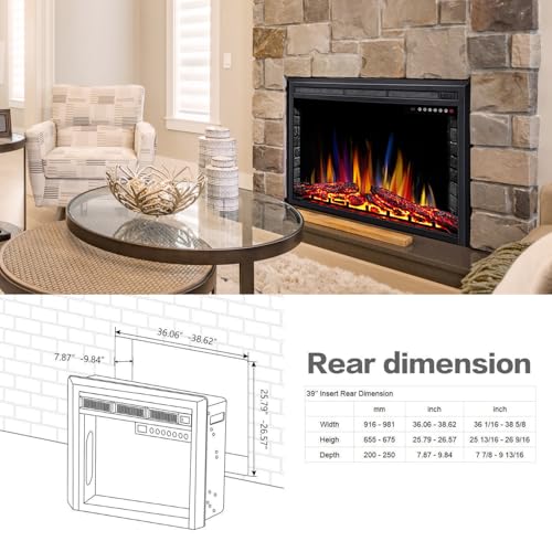 Electric 39" Electric Fireplace Insert, Adjustable 5 Flame Colors, 12 Log Colors, 5 Flame Speeds and Brightness, Remote Control, Timer, Adjustable Temperature from 50°F to 99°F, 750W/1500W (39"X27")