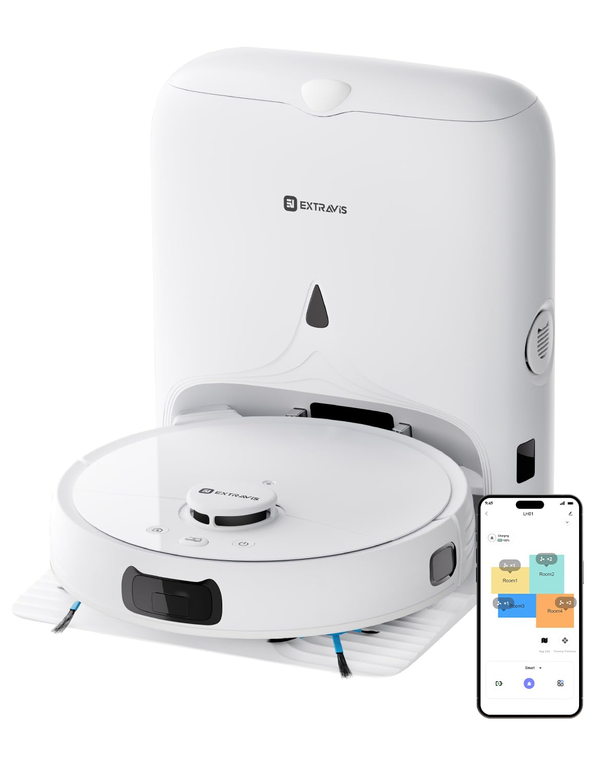 EXTRAVIS V5 Robot Vacuum and Mop, Self-Emptying Robotic Vacuum Cleaner, 8500Pa Suction, Pet Hair Tangle Cutter, Laser Navigation, Cat Laser, Carpet Detection, Ideal for Hard Floor, Tile, and Carpet