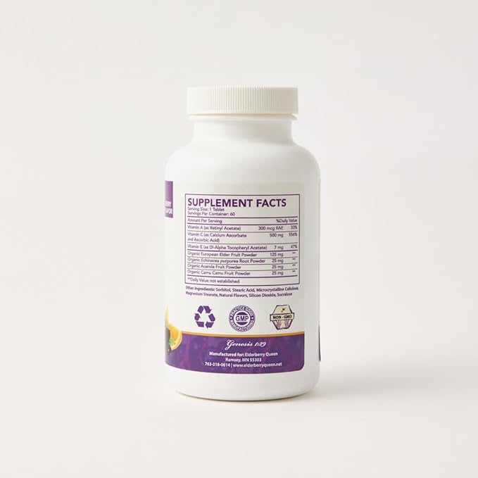 Elderberry Queen Chewable Vitamin C 500mg - Immune Boost & Antioxidant Support Tablets with Vitamin A, E & Organic Echinacea, Elder Fruit, Acerola - Natural Dietary Supplement, 60 Count