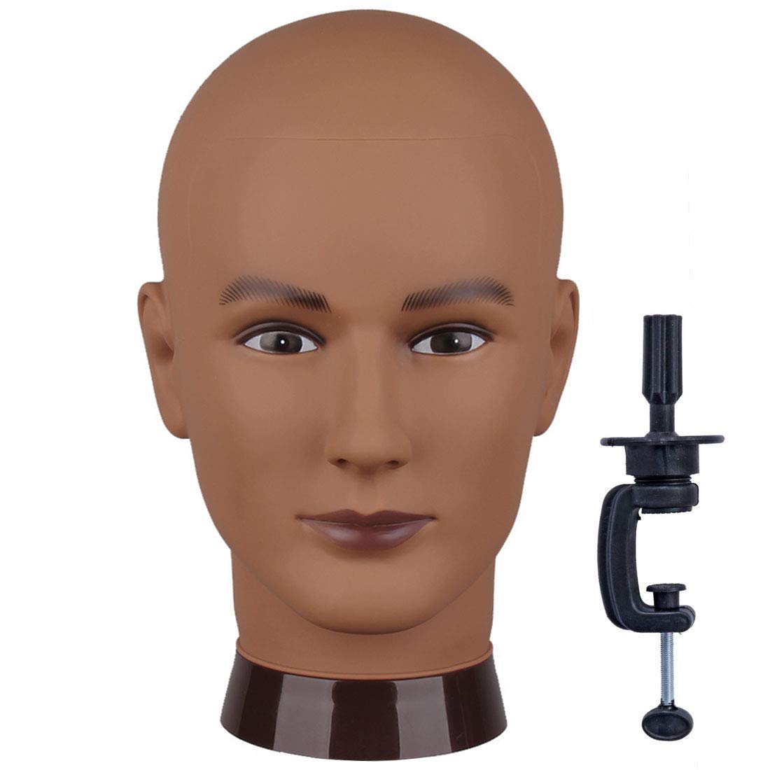 Newshair Bald Mannequin Head Male Professional Cosmetology for Wig Making and Display, Hat, Helmet, Glasses or Masks Display Head Model with Free Clamp Stand (Dark Brown)