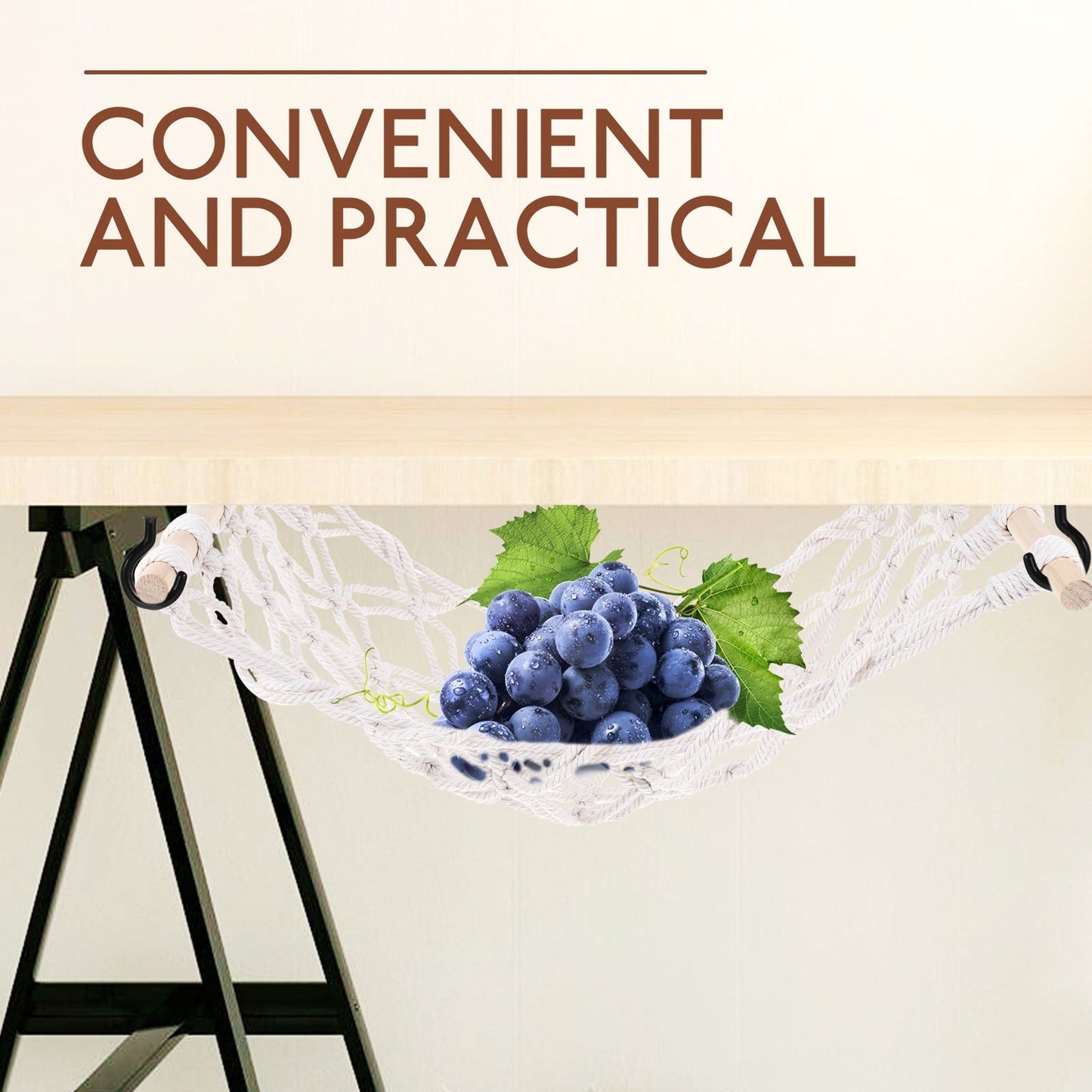 WEAVILUX 1Set Fruit Hammock for Garden and Kitchen Use with Cotton Rope and Wood Material