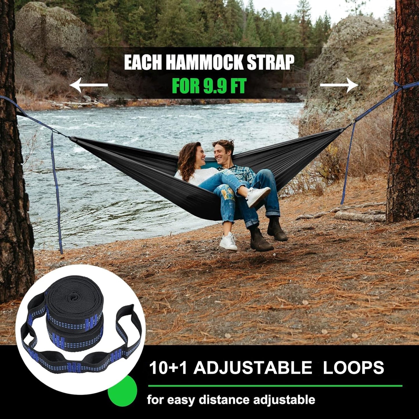 DZORUN Hammock Straps for Trees Set of Two 10ft with 11 Loops 2 Carabiners Essential Hammock Accessories Camping Hammock Tree Straps Set tree swing straps