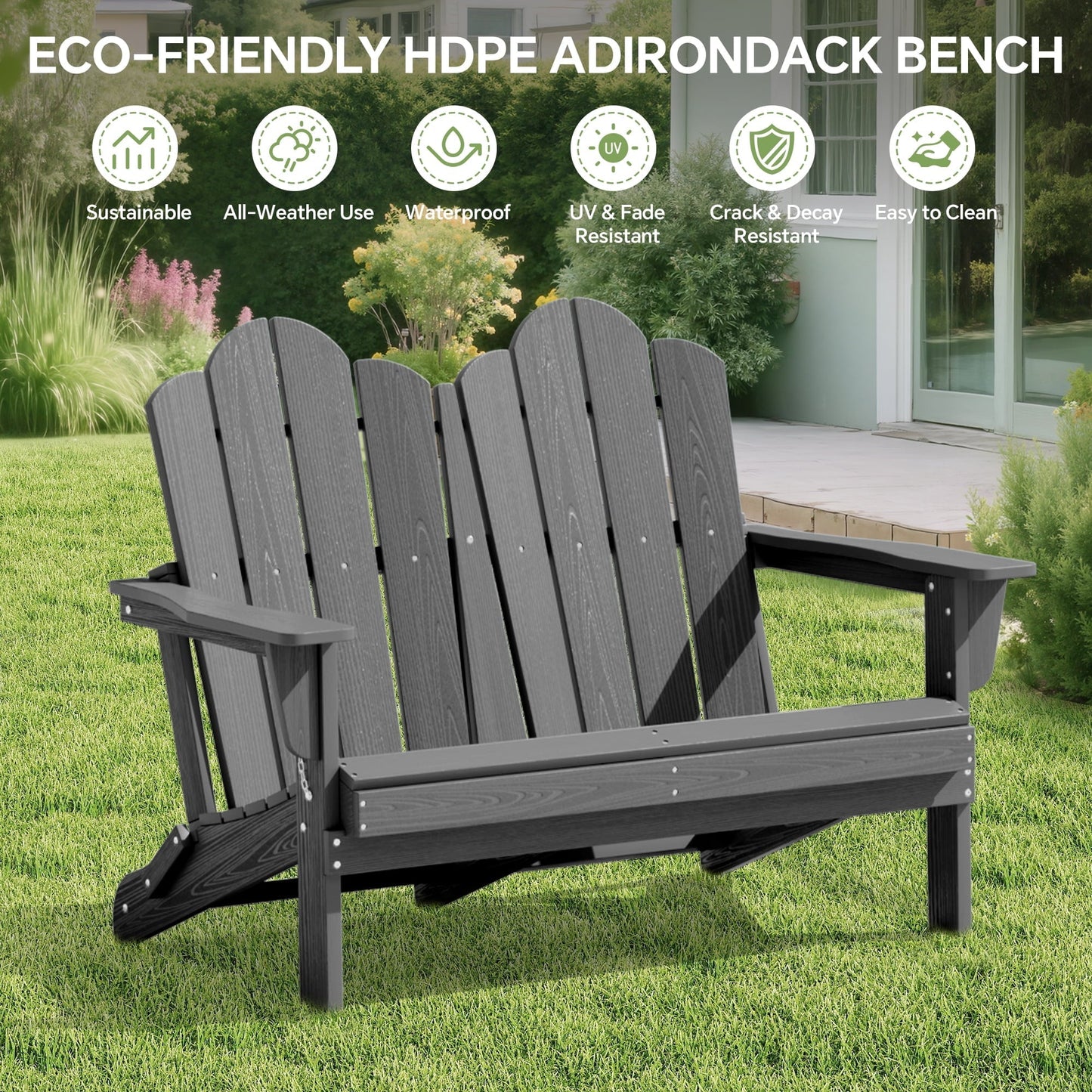 SERWALL Adirondack Bench, Outdoor Adirondack Chair for 2,HDPE All-Weather Adirondack Loveseat,Grey