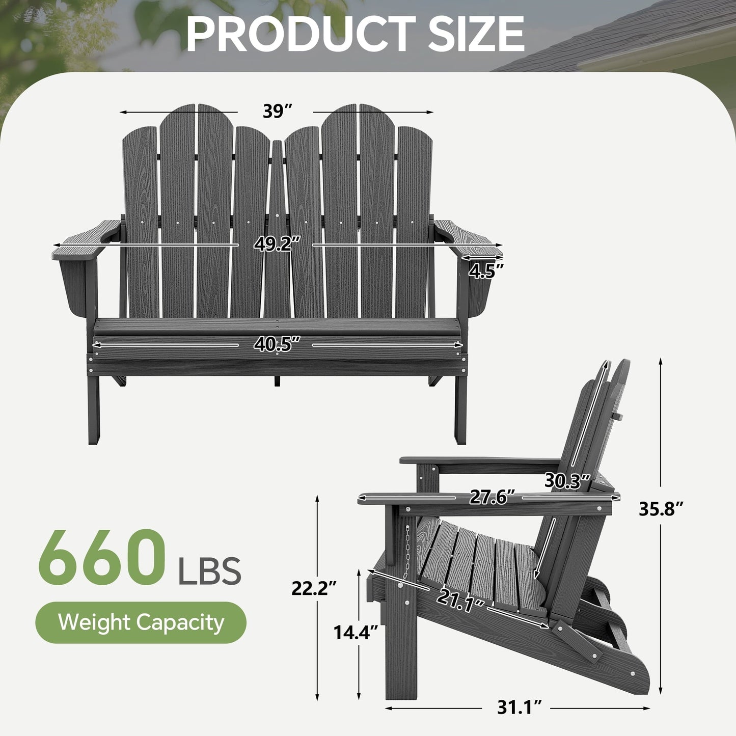 SERWALL Adirondack Bench, Outdoor Adirondack Chair for 2,HDPE All-Weather Adirondack Loveseat,Grey