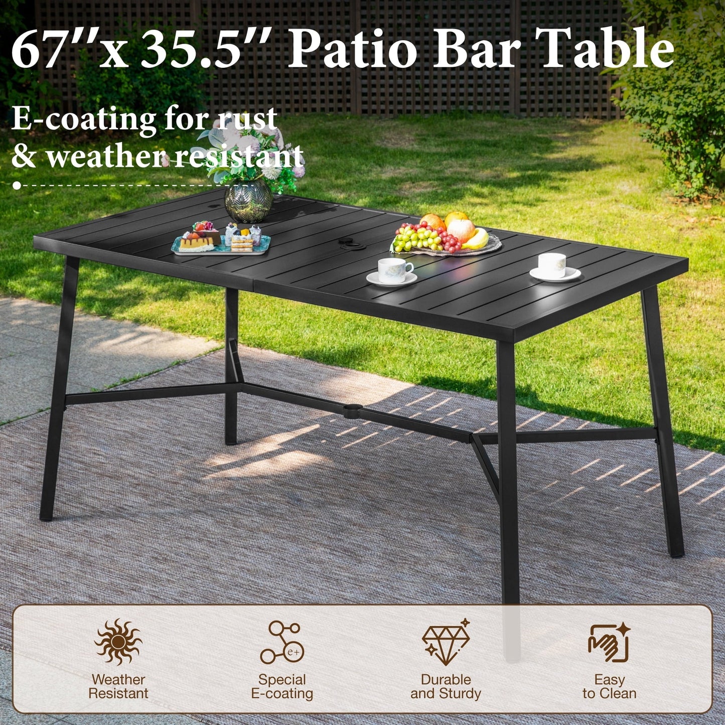 Summit Living Outdoor Swivel Bar Stool Set of 7, 6 Patio Barstool Height Chairs with Seat and Back Cushions & 1 Metal Steel Bar Table with Umbrella Hole, Black & Beige
