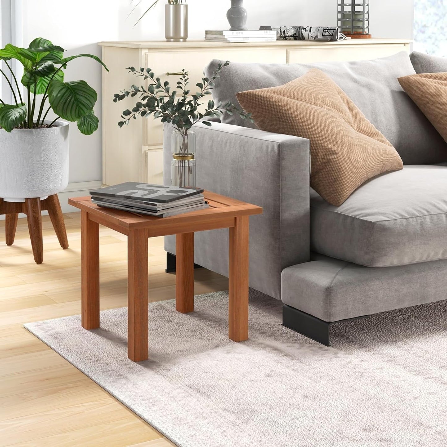 ETHFRF Hardwood Outdoor Side Table - All-Weather Patio Square End Table with Slatted Tabletop, Small Coffee Bistro Table for Outdoor, Indoor, Garden, Poolside and Balcony, Natural (1),Orange-brown