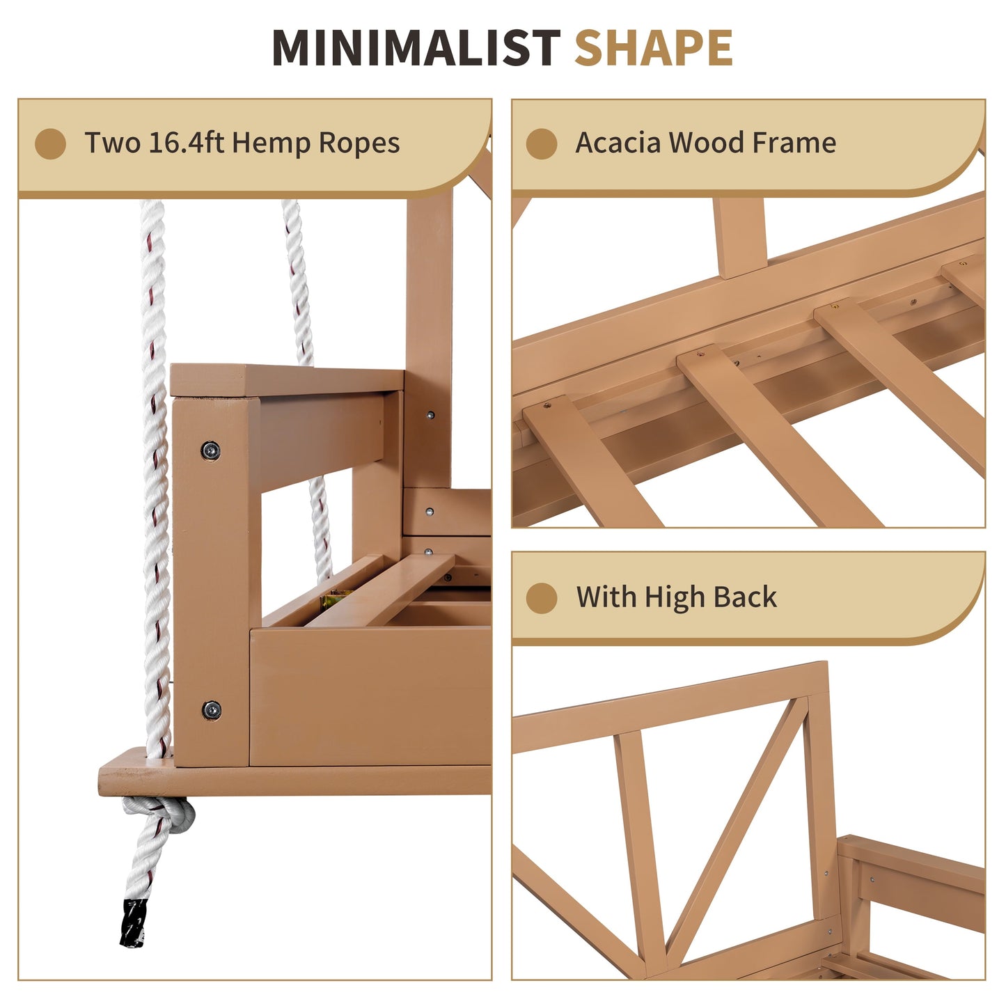 Euroco Acacia Wood Twin Size Porch Swing Bed with 27.8'' High Backrest, 16.4ft Hemp Ropes, Weather-Resistant Outdoor Hanging Daybed for Patio/Garden/Porch – 350 lbs Capacity (Mattress Not Included)