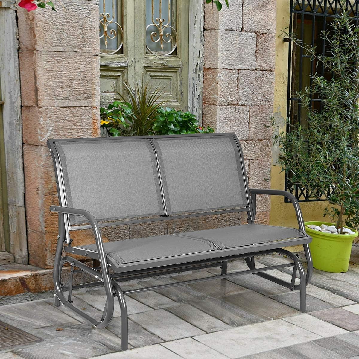 SUPQ Swing Glider Chair 48 Inch with Spacious Space, 2 People Swing Lounge Glider Chair Cozy Patio Bench Outdoor & Indoor for Patio, Backyard, Poolside, Lawn Steel Rocking Garden Loveseat (Gray)