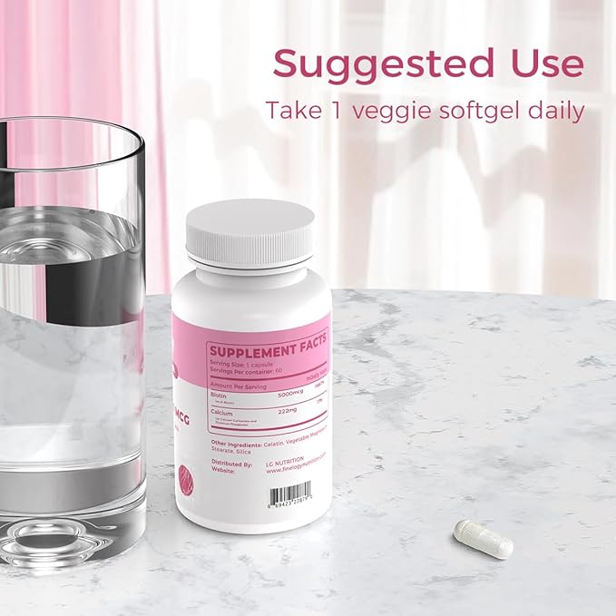 Extra Strength Biotin 5000 MCG, 60 Capsules for Hair, Skin, Nail & Bone Health, Non-GMO & Gluten-Free, High-Potency Biotin Supplement (2-Month Supply)