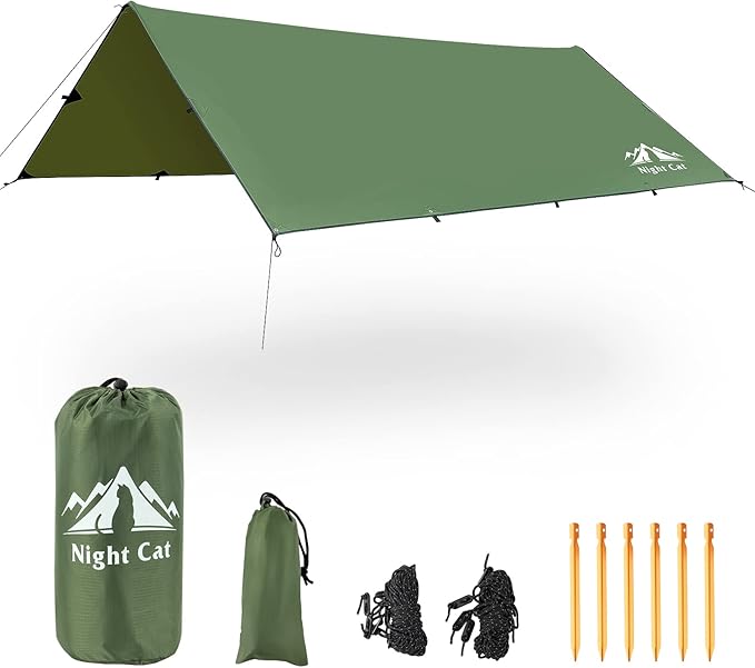 Night Cat Camping Tent Tarp Hammock Rain Fly Sunshade Shelter Tarp Waterproof Portable Lightweight for Outdoor Backpacking Hiking 12x10 ft