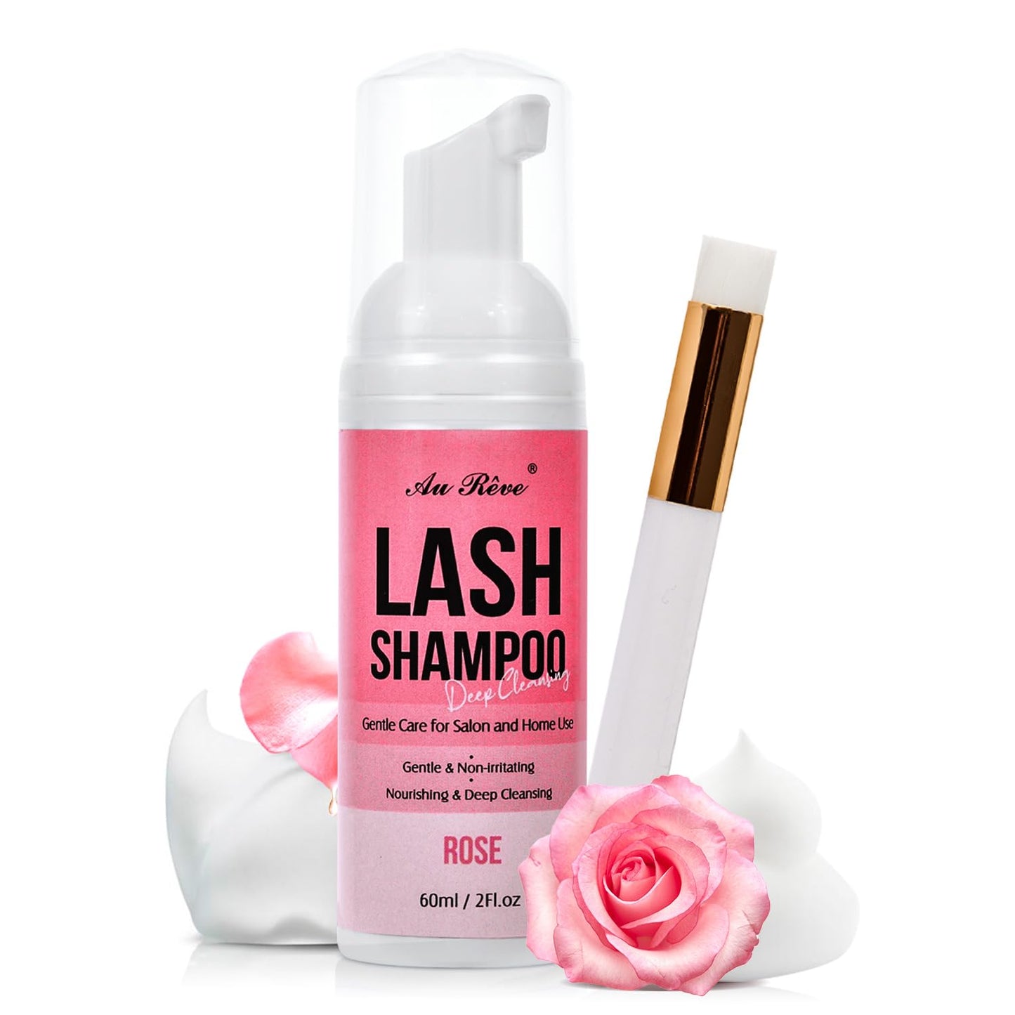 Lash Shampoo for Lash Extensions 60 Ml/2fl.oz Eyelash Extension Cleanser Oil Free Lash Cleanser for Eyelash Care, Gentle Foaming Eyelash Shampoo with Brush for Salon Home Care (Rose 60ml)