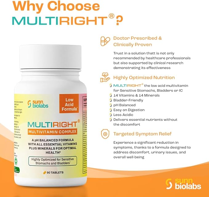 MULTIRIGHT | LOW ACID MULTIVITAMIN for Sensitive Stomachs, Bladders or IC | 14 Vitamins & 14 Minerals | Bladder-Friendly, pH Balanced | Easy on Digestion-Less Acidic | Buffered Vitamin C | 180 Tab (2)