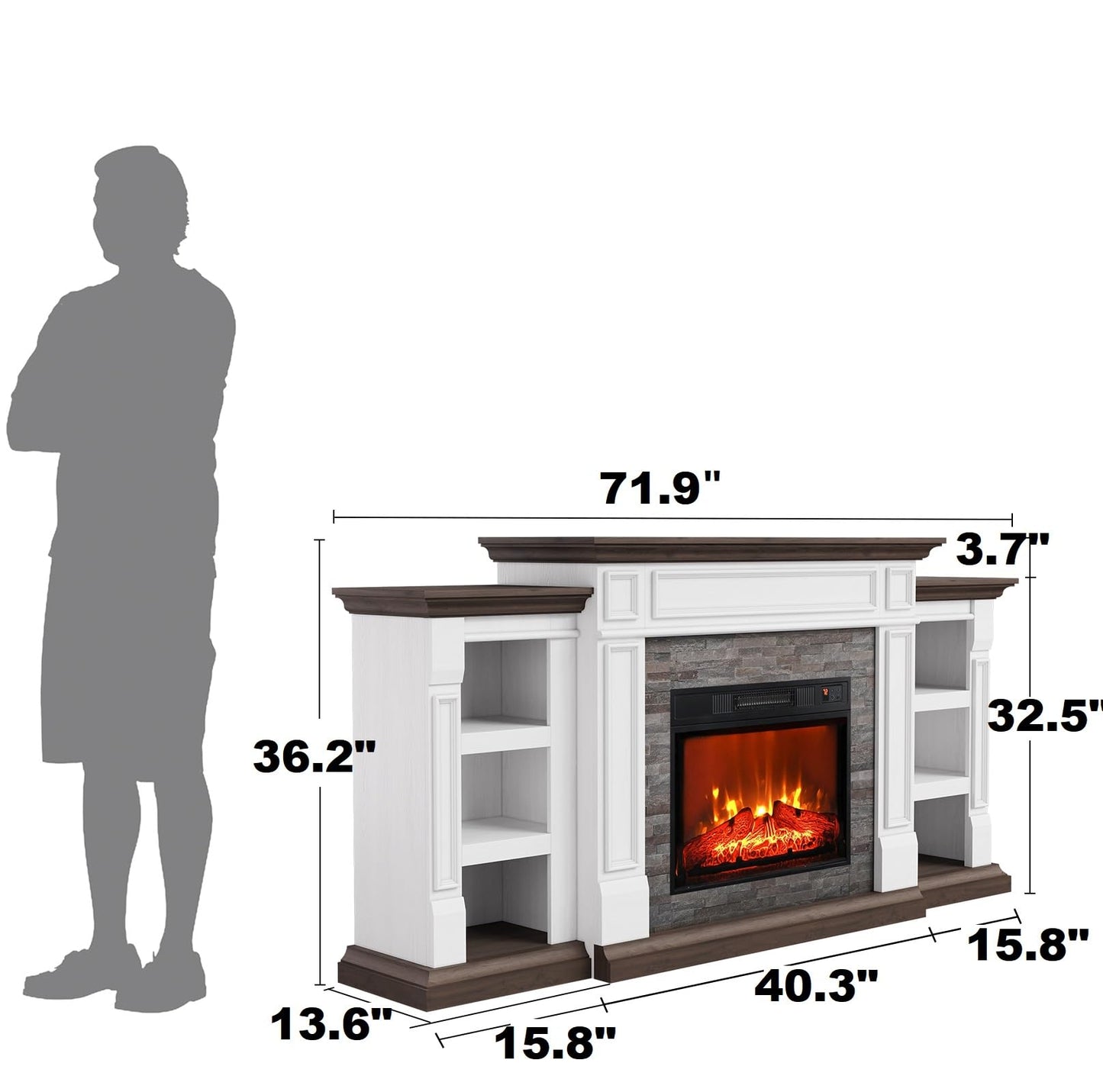 Naice 72" Electric Fireplace with Mantel and Cabinets, Fireplace TV Stand for Living Room Bedroom, Stacked Stone Surround and Remote Control 3D Realistic Flame