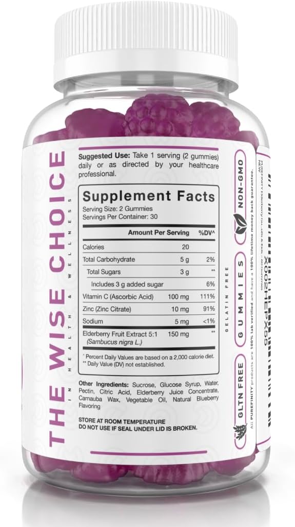 Elderberry Gummies with Sambucus, Vitamin C, and Zinc – Your Perfect Daily 3-in-1 Supplement for Kids & Adults – Gluten Free, Non-GMO, Vegan, 60 Count