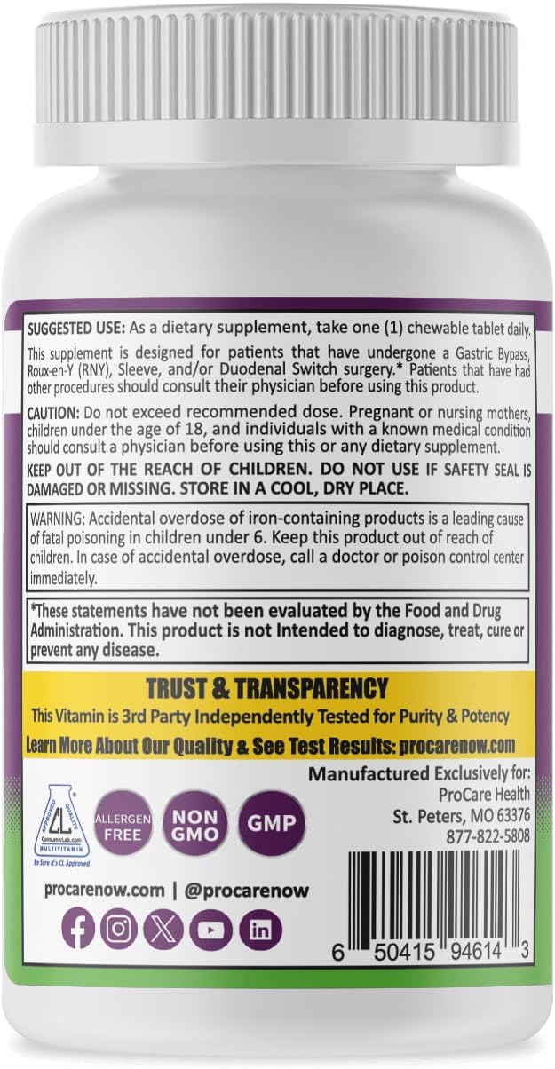 ProCare Health Chewable Bariatric Multivitamin Without Iron (30 Tablets) - Fruit Punch Flavor Once Daily Bariatric Multivitamin with Iron Free for Gastric Bypass and Sleeve Patients (01 Month Supply)