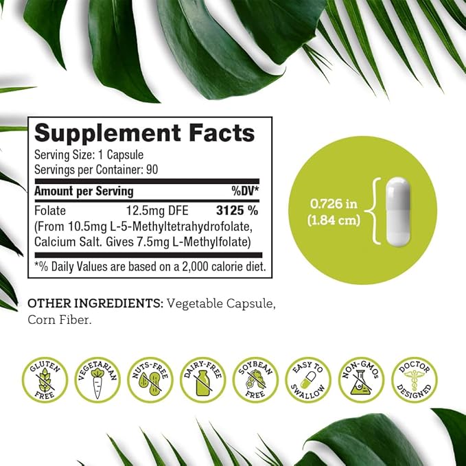 DSO L Methylfolate 7.5mg (5 MTHF Supplement) - 90 Vegan Capsules (7.5 mg) - Active L Methyl Folate Supplement for Homocysteine Control - Folic Acid Vitamin - Eco-Friendly Packaging