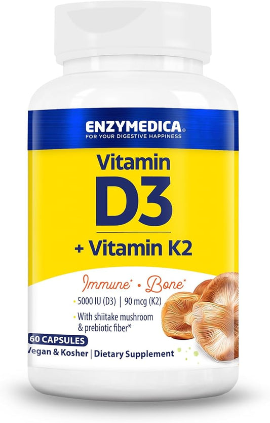 Enzymedica, Organic Vitamin D3+K2, 5,000 IU VIT D3 & 90 mcg VIT K2 MK-7, with Shitake Mushrooms & Prebiotic Fiber, Vegan, 60 Count