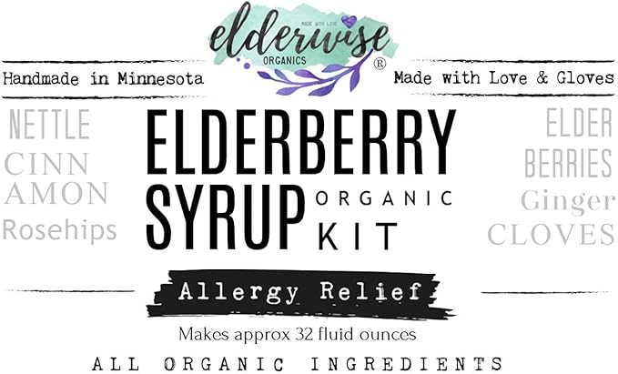 Elderberry Syrup Kit - Allergy Support - Makes Approx. 32oz - Comes with Brewing Bag - Organic Ingredients - Elderberries - Rosehips - Ginger - Nettle - Cinnamon - Cloves - Elderwise