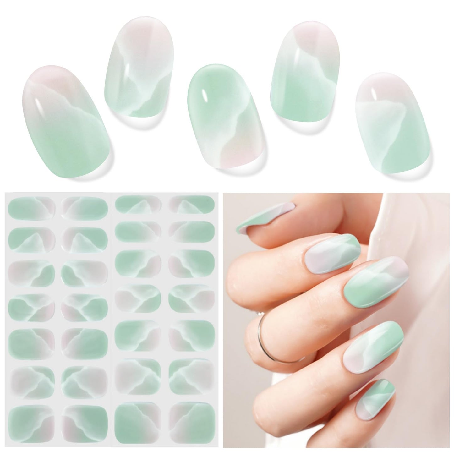 DUKASOU Semi Cured Gel Nail Strips, Green waves| 28 pcs Chinese Style Gel Nail Strips Work with Any UV Lamp, Salon Quality New chinese nail stickers, Include Prep Pads, Nail File&Wood Stick